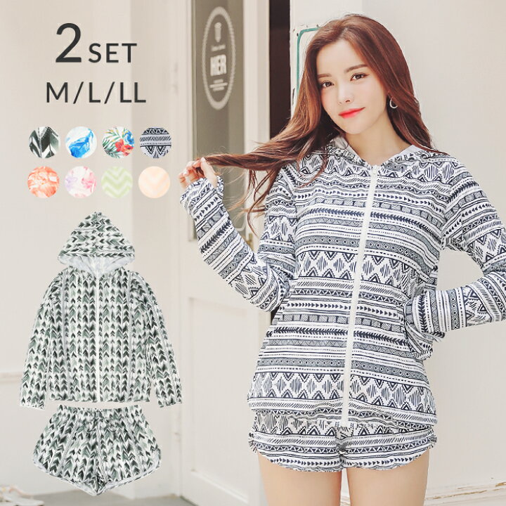 楽天市場 ラッシュガード レディース 上下セット 水着 長袖 フード あり ロングスリーブ ショートパンツ 2点セット フィットネス 体型カバー Uvカット紫外線対策 水着素材 通販 オトナ女子 ママ 無地 花柄 ボタニカル柄 M L Ll オシャrevo