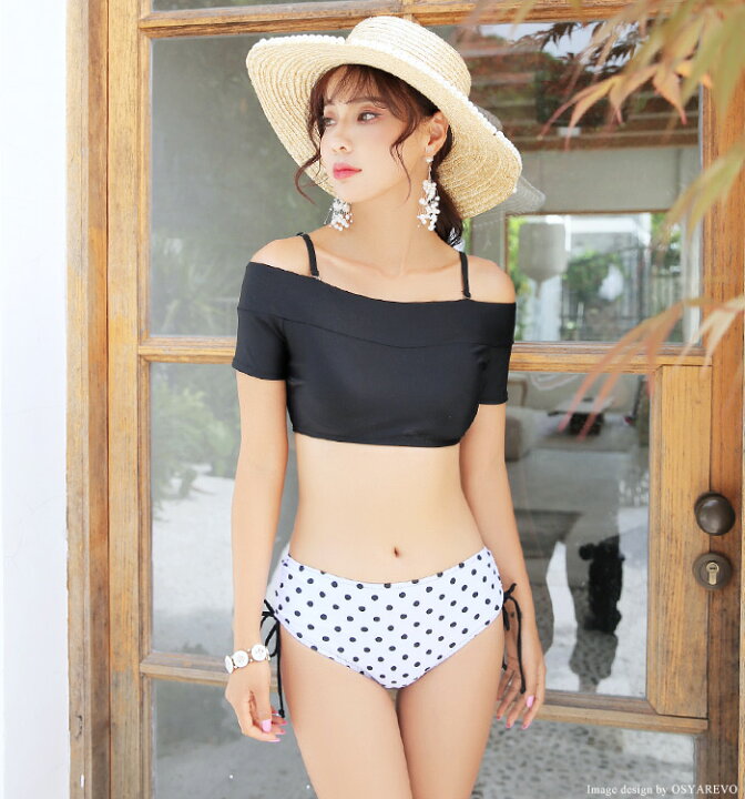 楽天市場 水着 オフショル ビキニ 黒 レディース 体型カバー ワイヤーあり 盛れる オフショルダー ドット柄 チェック かわいい おしゃれ 無地 シンプル 上下別 ハイウエスト 脚 トレンド水着 パッド付 白 ブラック ホワイト オシャrevo
