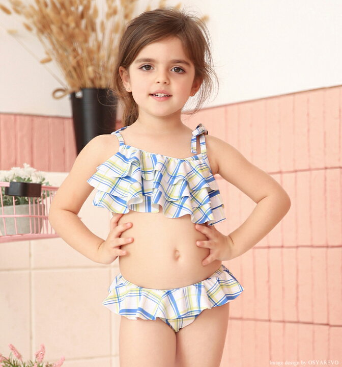 楽天市場 キッズ 女の子 子供 女の子水着 ビキニ セットアップ フリルビキニ かわいい おしゃれ チェック柄 キッズスイムウェア キッズビキニ ブルー ピンク 90 100 110 1 130 オシャrevo