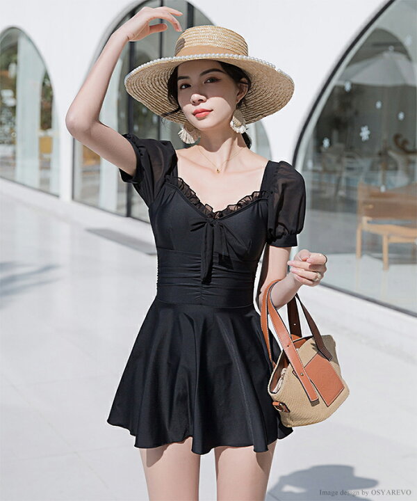 楽天市場 ワンピース水着 女性用 レディース水着 体型カバー 袖付き スクエアネック ワンピース水着 黒 シンプル 30代 40代 50代 フリル 大人 体型カバーワンピース オトナ女子 21新作 オシャrevo