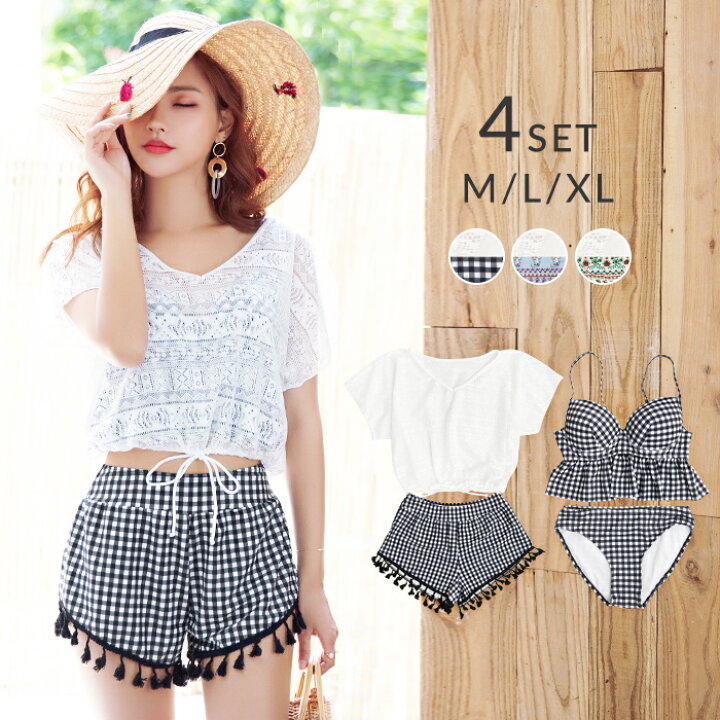 楽天市場 水着 体型カバー タンキニ トップス付き ビスチェ ワイヤー ビキニ フリンジ ショートパンツ ショーツ ボヘミアン エスニック チェック柄 セパレート レディース M L Ll オシャrevo