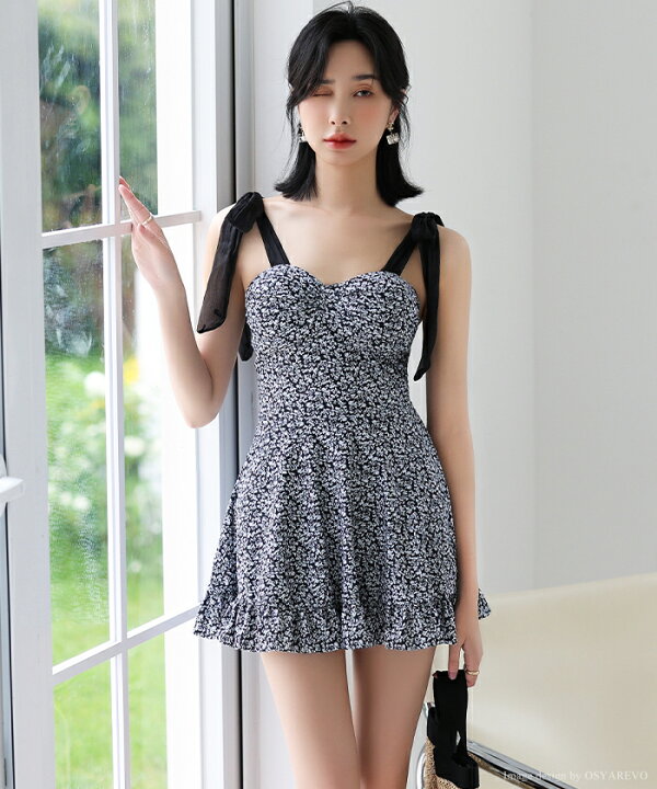 楽天市場 水着 体型カバー ワンピース レディース フリル 柄 大人可愛い 体型カバー水着 ぽっちゃり 肩見せ セクシー ママ ブラック オールインワンドレス ワンピース水着 オシャrevo