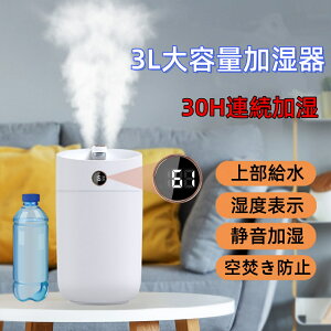 加湿器 超音波式 3L大容量 卓上加湿器 加湿機 上部給水 湿度表示 お手入れ簡単 静音 空焚き防止 30h連続加湿 静音 節電 省エネ コンパクト 寝室 USB充電 オフィス 乾燥対策