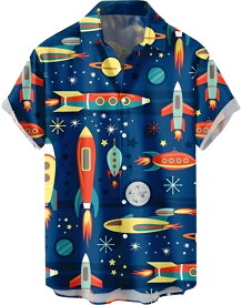 [aspersio] [アスペルシオ] 襟付き ロケット 半袖 プリント 宇宙 スペース 総柄 ショートスリーブ トップス メンズ