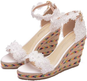 ウェッジヒールサンダル レディース ジュートサンダル セパレートサンダル パール飾り レース ワンストラップ 厚底サンダル ストラップ 大きいサイズ かわいい 履き心地 きれいめ 女性用