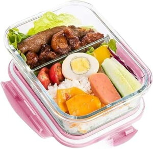 弁当箱 耐熱ガラス ポータブル スプーン付き 長方形 透明 2つ仕切り 大容量 耐熱耐冷 食器洗い機可 オーブン可保存容器 おべんとう箱 ランチボックス 蓋付き 透明グラス 電子レンジ対応 厚