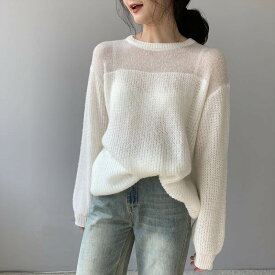ニット セーター 長袖 Uネック ラウンドネック フェミニン 透け感 シースルー 薄手 かわいい 大人可愛い おしゃれ かっこいい