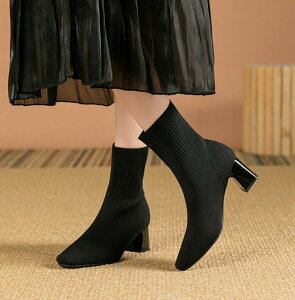 ソックスブーツ ショートブーツ レディース 秋 ブーツ 韓国 冬靴 伸縮性 ストレッチ素材 疲れない 歩きやすい 美脚 脚長 スクエアトゥ 太ヒール カジュアル 美シルエット シューズ 冬 秋冬