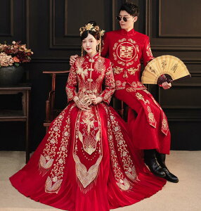 中華服 チャイナ風 ウェディングドレス メンズ レディース チャイナ服 上下2点セット 中国風 結婚式 ドレス 長袖 前開き チャイナ服 ロングスカート 金色な刺しゅう 華やか チャイナドレス
