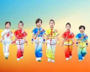 子供カンフー服 武術服 上下セット 武術服 太極拳服 太極拳ウェア 半袖 パンツ 龍プリント イベント 女の子 男の子 子供用 スポ