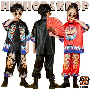 和風 赤 黒 浮世絵 竜柄 キッズ ダンス衣装 セットアップ 文化祭 発表会 女の子 男の子おしゃれ 派手 チャイナ風 上下セット チャイナボタン 演出 ステージ衣装 ジャズダンス トップス 普段