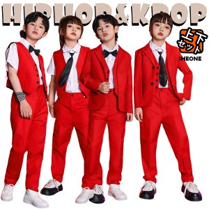 キッズ ダンス 衣装 セットアップ ダンススーツ レッド ベスト ジャケット パンツ かっこいい リボン ネクタイ付き 目立つ 韓国 k-pop衣装 ピアノ発表会 パンツスーツ 卒業式 ヒップホップ ジ