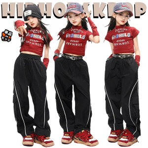 赤 黒 jazz キッズ ダンス衣装 Tシャツ 半袖 女の子 カーゴパンツ へそだし 上下セット 腕カバー セットアップ トップス パンツ カジュアル ヒップホップ ジャズダンス ポッピング 演出服 練習