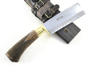 【週末は山こもり鉈企画】001 山小屋隠り腰鉈 125 白鋼 両刃 磨 真鍮ツバ 木鞘オイルステン 樫テェッカオイルステン【晶之作】 【訳有/傷有:山林展示会展示商品:ノークレームノーロ