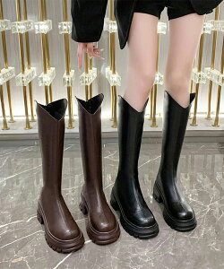膝下丈ブーツ チャンキーヒール ロングブーツ - バックジップジョッキーブーツ おしゃれ美脚脚長ブーツ 疲れない カジュアル靴 厚底ブーツレディース韓国風 履きやすい