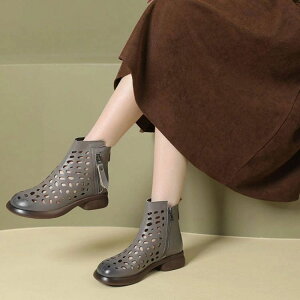 透かし編み ショートブーツ レディース サマーブーツ ブーツサンダル 春 夏ブーツ 本革 歩きやすい ラウンドトゥ サイドジップ フラットシューズ レディースシューズ コンフォートシューズ