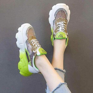 個性的 厚底スニーカー 運動靴 ラメ スパンコール グリーン レディース ブラック ダッドスニーカー 華やか ハイテク キラキラ ユニーク グラデ 韓国系 かっこいい おしゃれ 可愛い 緑 グラデ