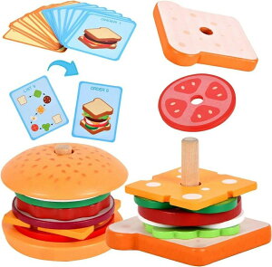 ハンバーガー ごっこ遊び 棒通しおもちゃ 男の子 女の子 型はめパズル おままごと おもちゃ リング通し 子供誕生日 サンドイッチ 木製パズル 棒通し