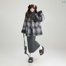 【スーパー SALE店舗自割引】ジャガードウール コート アウター ジャケット 秋冬 レトロ グレー ボア マフラー 暖かい 防寒 韓国 ファッション かわいい おしゃれ 女子力アップ 外出 仕事 快適アイテム