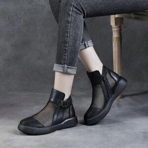 歩きやすい 厚底 ブーツ 靴 ミドル メッシュ 通気性 防水 おしゃれ 春夏 カジュアル ファッション フラット 厚底 レディース ヨーロッパ寸法 ブラック ベルト シューズ