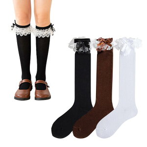 綿 靴下 ソックス レディース ハイソックス 3足セット リボン 蝶結び 女子 レース 四季通用 スクールソックス 柔らかい 可愛い 優しい 女性 学生 高校生 大人 黒+白+珈琲色 ロリータ Lolita