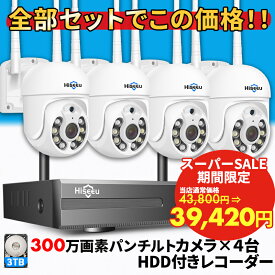 防犯カメラ 屋外 野外 家庭用 防犯カメラ屋外 防犯 カメラ ワイヤレス 防犯カメラセット 監視カメラ 屋内 工事不要 家庭用工事不要 wifi不要 ネット環境不要 4台 セット 常時 録画 パンチルト PTZ 高画質 300万画素 スマホ 連動 【返金保証】【RE】[8WK-4HD203-3T]
