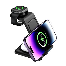 【送料無料】2024最新型 3in1 ワイヤレス充電器 急速充電 Magsafe充電器 スタンド 15W出力 置くだけ マグネット式充電 iPhone 15/14/13/12 seris/Galaxy S20/S10/S10+/S9/Airpods 2/3/pro/Apple Watchに対応（ブラック）