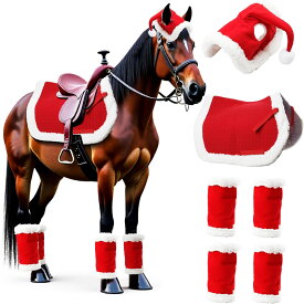 クリスマス ホースレッグウォーマー 6点セット 馬用 防寒 保温 冬用 乗馬用品 馬着 馬脚保護 カバー セット 馬用サンタコスチューム 馬帽子 馬鞍パッド デコレーション 競技用 馬場用 かわいい 冬季 防風 防雪 乗馬アクセサリー