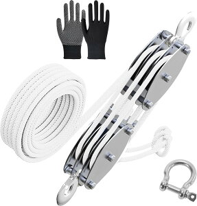 ホイストロープ ホイスト 滑車 吊り上げ 500kg ロープ 6MM×15M 3輪滑車ホイスト 滑車 荷揚げ M10D型シャックル付き 手袋付き 吊り上げ比8:1 クレーン用 (3輪)