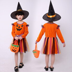 かぼちゃ　ハロウィン 衣装 子供 魔女 コスプレ 子供用 ホラー オレンジ コスチューム HALLOWEEN 帽子付き 仮装 イベント 魔法使い こども チュール ワンピース 110 120 130 140　150　160cm 紫 こすぷれ