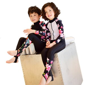 子供 水着 キッズ 女の子 男の子 オールインワン ウェットスーツ みずぎ 子供 こども スクール プール ビーチ 夏 海水浴 練習用 花柄 お洒落 紫外線カット 日焼け防止 UVカット 水あそび M/L