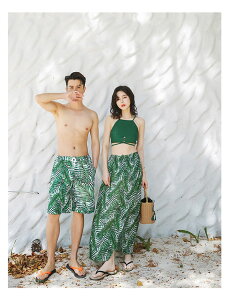 カップル水着 体型カバー水着 サーフパンツ 水着 ペア 4点セット 大きいサイズ ワイヤーなし ペアルック水着 レディース メンズ ビキニ3点セット+ビーチパンツ リゾート ロンパース ビキニ