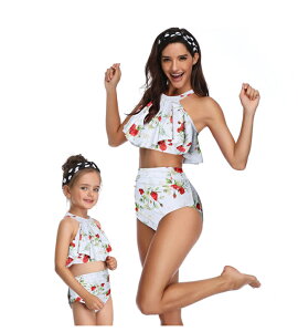 親子 水着 レディース ビキニ バンドゥ キッズ 水着 女の子 ママ&娘 おそろい ビキニ 親子ペア水着 ペアルック水着 フレアトップ キッズ水着 親子お揃い レディース ビキニ  2点セット