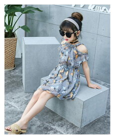 キッズ シフォンワンピース 女の子 子供服 オフショルダー ワンピース 夏 海 涼しい 華やか フリル キュート総柄 かわいい 海に プール 女の子今季アイテム リゾートワンピ 普通着 85cm-155cm