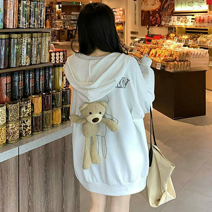 楽天市場】パーカー 背中にクマぬいぐるみ ホワイト フード付き 韓国  