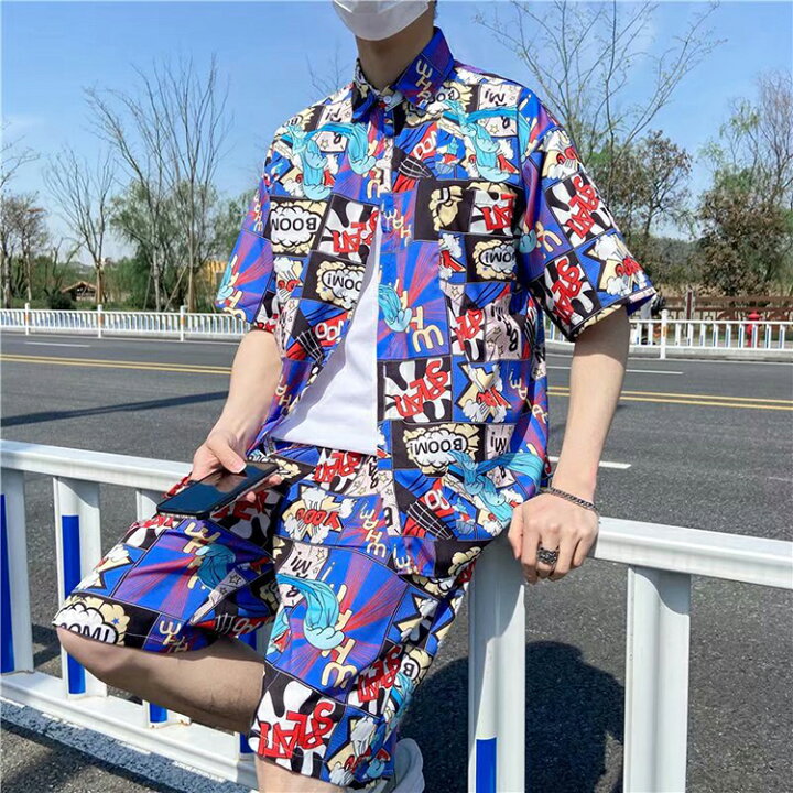 オープニングセール】 セットアップ 上下セット カラフル カジュアル 半袖 半袖 ショートパンツ♡ラッシュガード♡上下 M 2点セット アロハ柄 ブラック黒