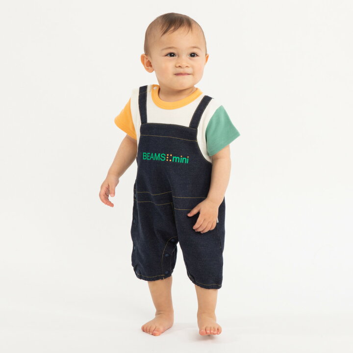 BEAMS mini 半袖ロンパース サロペット風 クレイジー配色 ビームスミニ(グリーン×80cm) トイザらス・ベビーザらス 半袖ロンパース サロペット風
