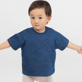 SNOOPY×WRANGLER スヌーピー×ラングラー 半袖Tシャツ デニムニット エンボス(ブルー×80cm)