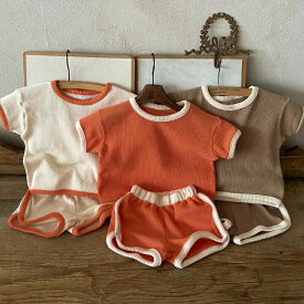 ベビー服 上下セット ベビー夏服 セットアップ 半袖Tシャツ ショーツセット コントラストカラー 縁取り ワッフル仕様 パジャマ ルームウエア ベビー 赤ちゃん 子供 夏用 涼しい 薄手 男女兼用 女の子 男の子