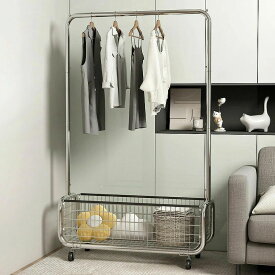 ハンガーラックキャスター付き 衣帽掛け 寝室用 ベッドサイドクローゼット 衣服掛け簡易収納ラック 洋服ラック収納カゴ付き多機能収納 大容量パイプハンガーラック頑丈 防水 耐腐食性 組立簡単洋服かけスタンド 炭素鋼 収納棚 おしゃれ 省スペース洗濯物干し