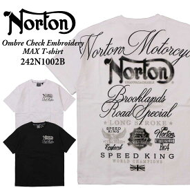 Norton ノートン 服 半袖 Tシャツ 242N1002B オンブレ－チェック使い刺繍 MAX Tシャツ クルーネック アメカジ バイカー バイク メンズ ロゴ