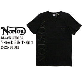 Norton ノートン 服 半袖 242N1010B Tシャツ ブラックシリーズ テレコTシャツ Vネック 半袖Tシャツ ロゴ刺繍 黒 アメカジ バイカー バイク メンズ ロゴ