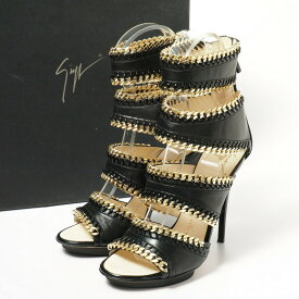 ■美品■Giuseppe Zanotti ジュゼッペザノッティ サンダル ブーサン 靴 サイズ35.5（22.5cm相当）ナッパレザー ブラック × ゴールドチェーン装飾 イタリア製 ブランド古着【中古】20230517/GN4553