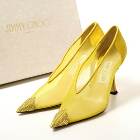 ■美品■2021AW■JIMMY CHOO ジミーチュウ《NICOLE 90》ニコル ポインテッドトゥ パンプス サイズ37 (23.5～24.0cm相当) メッシュ スエード クリスタル イエロー イタリア製 ブランド古着【中古】20230615/GN6365