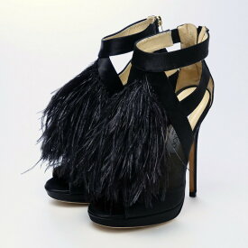 ■美品■JIMMY CHOO ジミーチュウ フェザー オープントゥ サンダル ミュール パンプス 靴 サイズ36 (23cm相当) メッシュ サテン ブラック イタリア製 ブランド古着【中古】20230823/GN9932