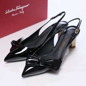 ■未使用品■Salvatore Ferragamo サルヴァトーレ フェラガモ 《AULLA55》パテントレザー ポインテッドトゥ ミュール サンダル サイズ7D（24.0cm相当）靴 リボン バックストラップ フラワーヒール ピンク イタリア製 20230824/GO0159