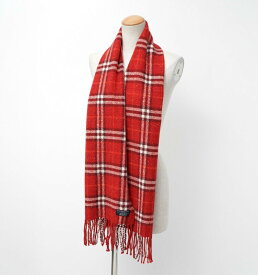 ■美品■BURBERRY LONDON バーバリー チェック マフラー ストール ショール 襟巻 ウール アンゴラ カシミヤ フリンジ レッド 英国製 ブランド古着【中古】20240104/GP0478