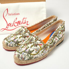 ■美品■Christian Louboutin クリスチャンルブタン ≪ARES FLAT TISSU LOUBI JUNGLE/OLONA≫ エスパドリーユ スリッポン レディース 靴 サイズ39（24.5cm相当）キャンバス スタッズ ホワイト ブランド古着【中古】20240321/GP4389