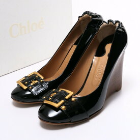 【SALE】Chloe クロエ ウェッジソール パンプス 靴 サイズ39（25.0cm相当）パテントレザー ベルト ブラック イタリア製 ブランド古着【中古】20240329/GP5438