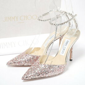 ■未使用品■JIMMY CHOO ジミーチュウ《Saeda 100》 ミュール パンプス サイズ37 (23.5cm相当) クリスタルチェーン付 ポインテッドトゥ グリッターラメ イタリア製 20240423/GP7248